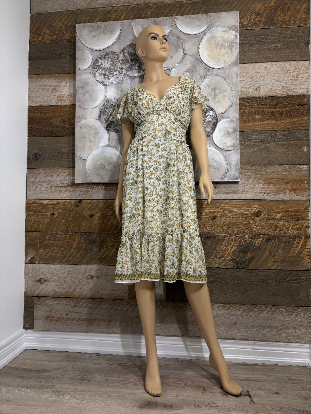 Floral Cottagecore Midi Dress | Cream & Yellow | Smocked Waist | Size M-L